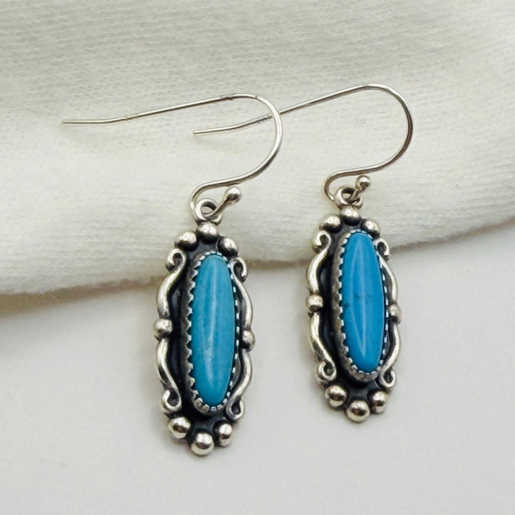 Vtg Sterling & Turquoise Cabochon Drop Earrings Wheeler Mfg Western